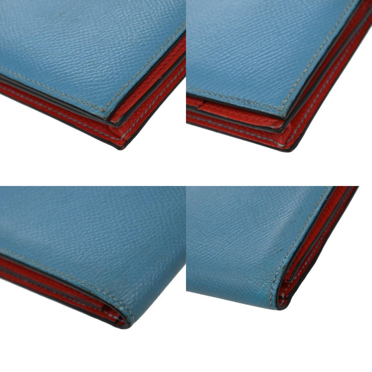 HERMES H Logo Bearn Long Bifold Wallet Leather Blue Red GHW France 32EF997