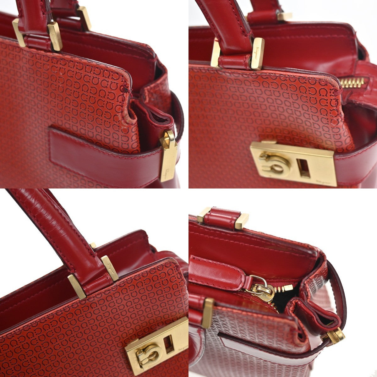 SALVATORE FERRAGAMO Logo Gancini Hand Bag Leather Red GHW Italy  66KA625