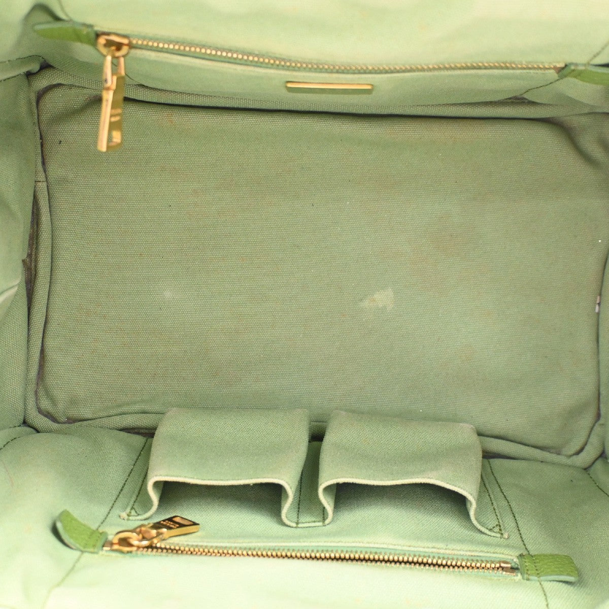 PRADA Milano Logo CANAPA Tote Hand Bag Denim Leather Green Gold Italy 32CA995