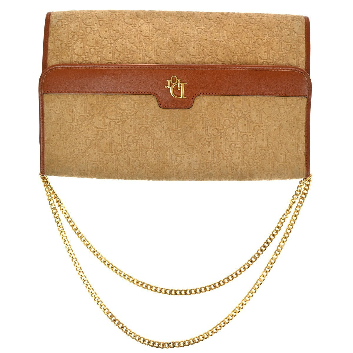 CHRISTIAN DIOR Trotter Chain Shoulder Clutch Bag Suede Leather Beige GHW 69TA411