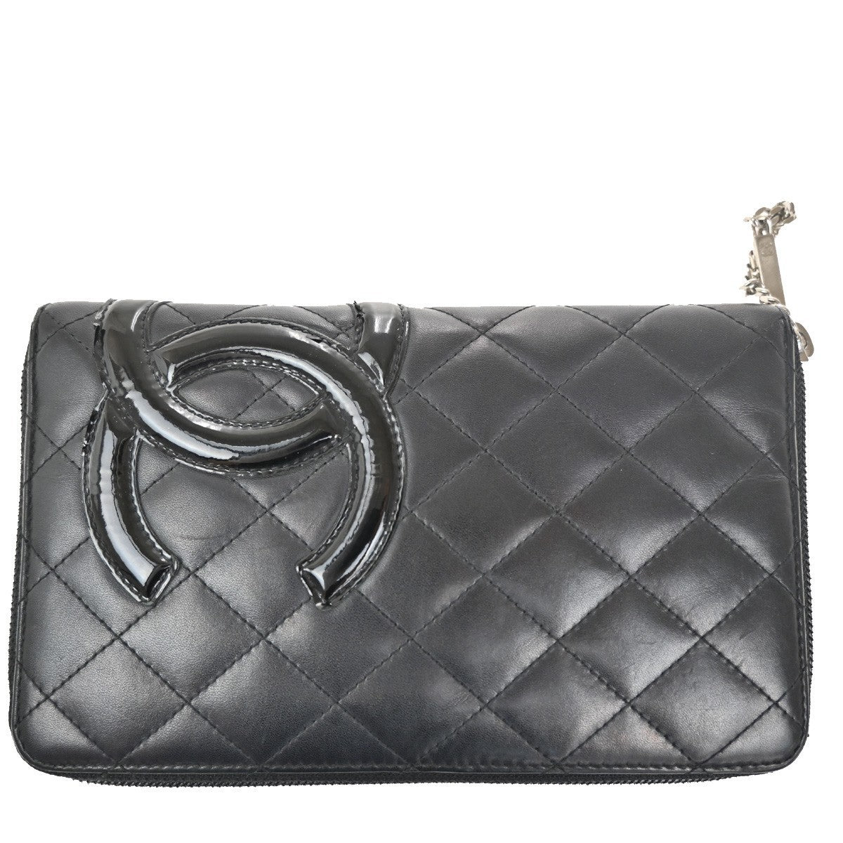 CHANEL CC Cambon Zip Around Long Bifold Wallet Purse Leather Black Pink 31TA372