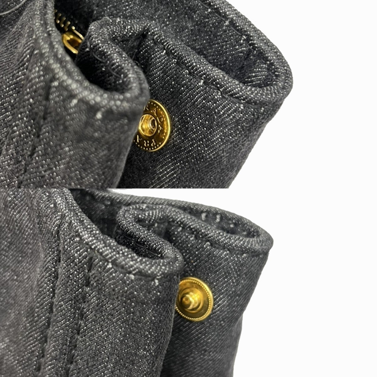 PRADA Milano Logo CANAPA Tote Hand Bag Denim Leather Black Gold Italy 73KC194