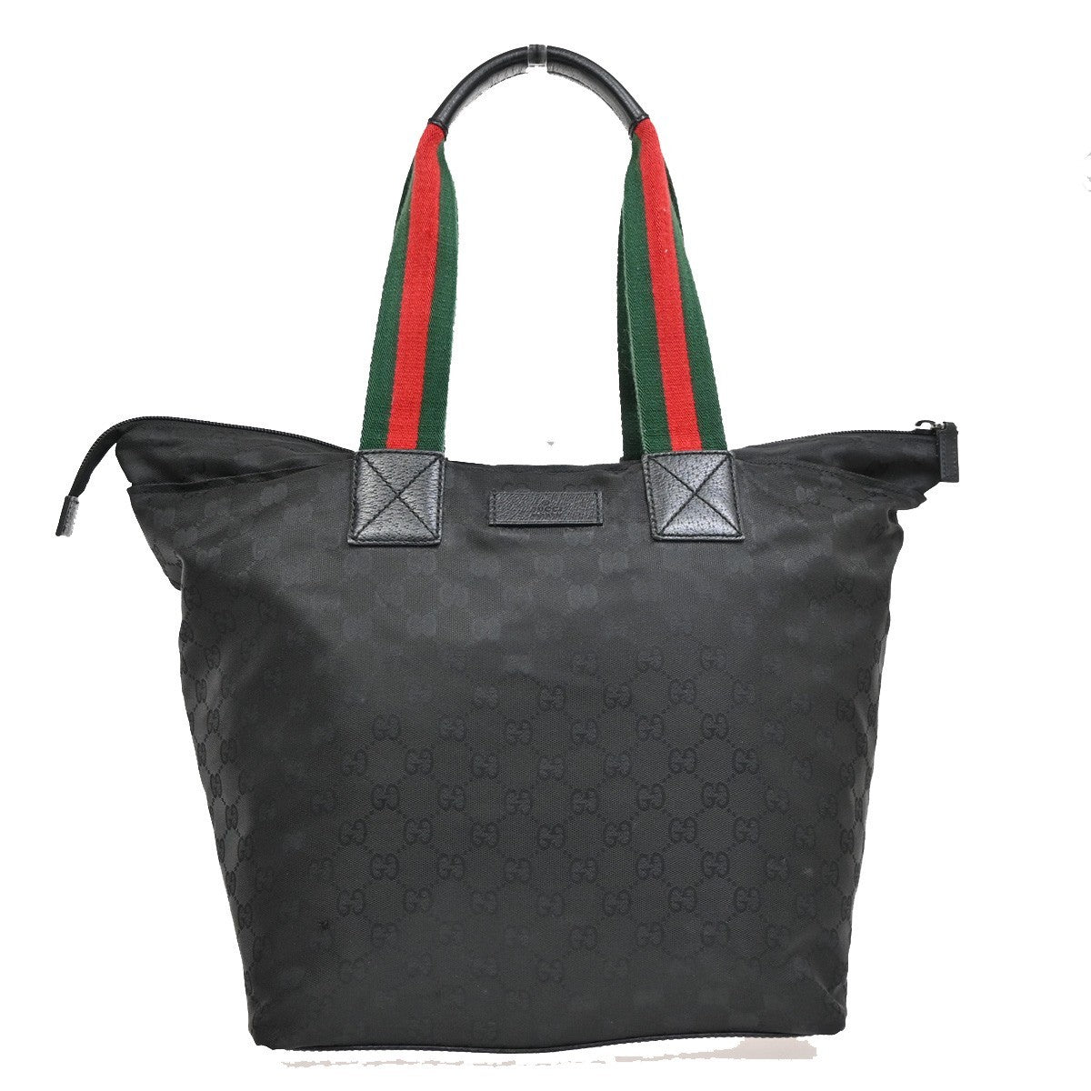 GUCCI Logo GG Sherry Tote Hand Bag Nylon Leather  Black SHW Italy 64CA244