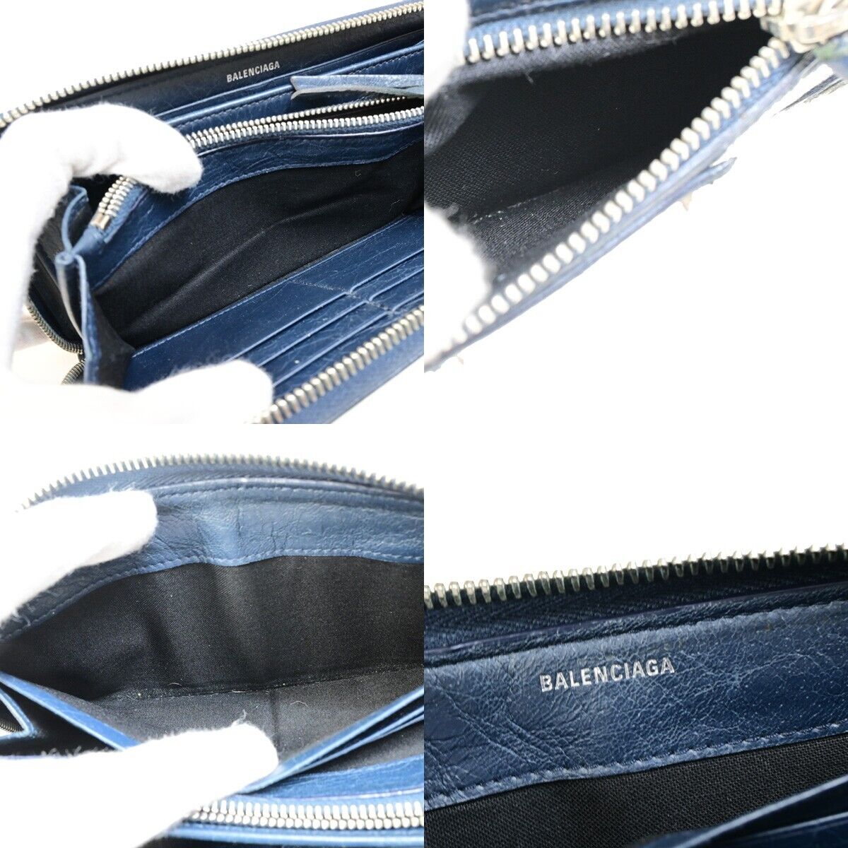 BALENCIAGA Logo Continental Zip Around Long Wallet Purse Leather Navy 09FB095