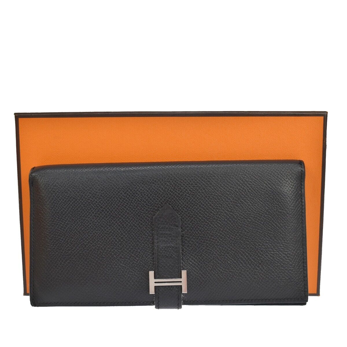 HERMES Logos Bearn Long Bifold Wallet Purse ▢L Veau Epsom Leather Black 85YC192