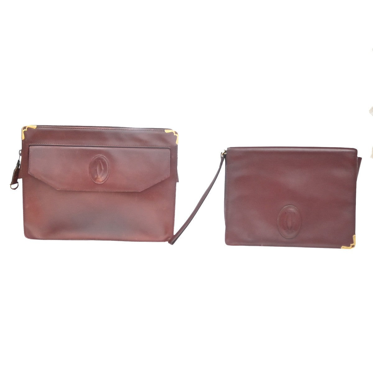 Cartier Logo Must Line 2set Clutch Hand Bag Leather Burgundy Red 07CA861