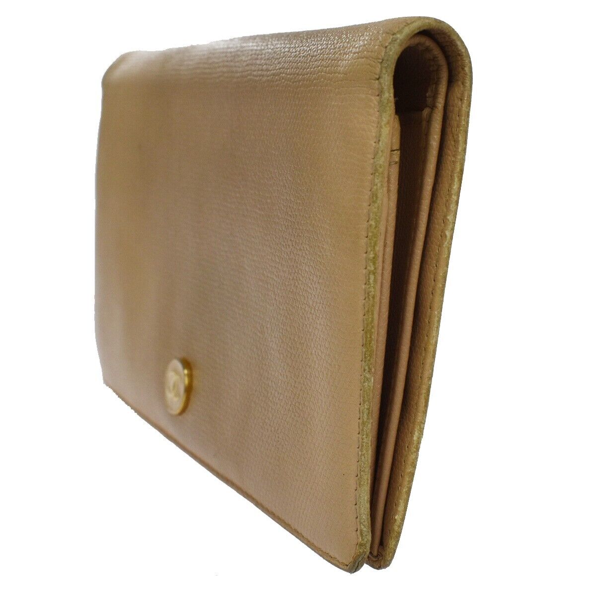 CHANEL CC Logo Long Bifold Wallet Purse Leather Beige Gold-Plated Italy 02GA651