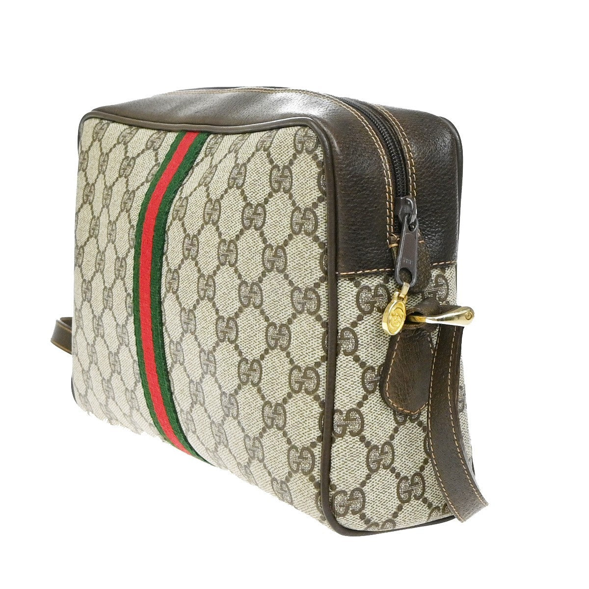 GUCCI Logo Web Sherry GG Pattern Shoulder Bag PVC Leather Brown Italy 64YJ169
