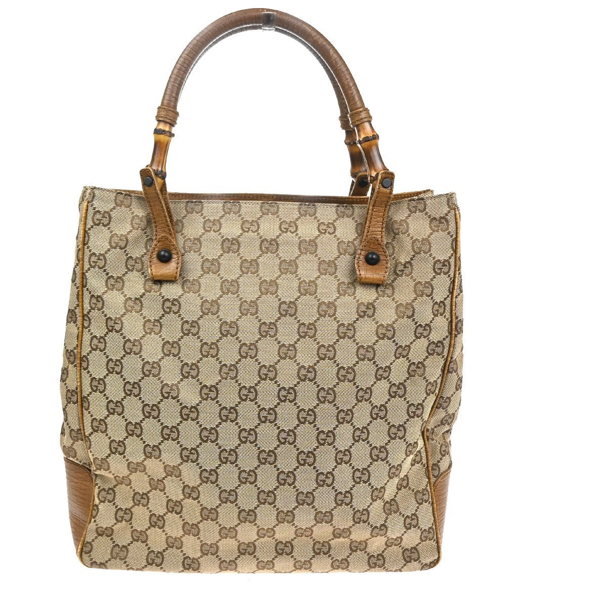 GUCCI Logo GG Pattern Hand Tote Bag Bamboo Canvas Leather Beige Italy 64KC879