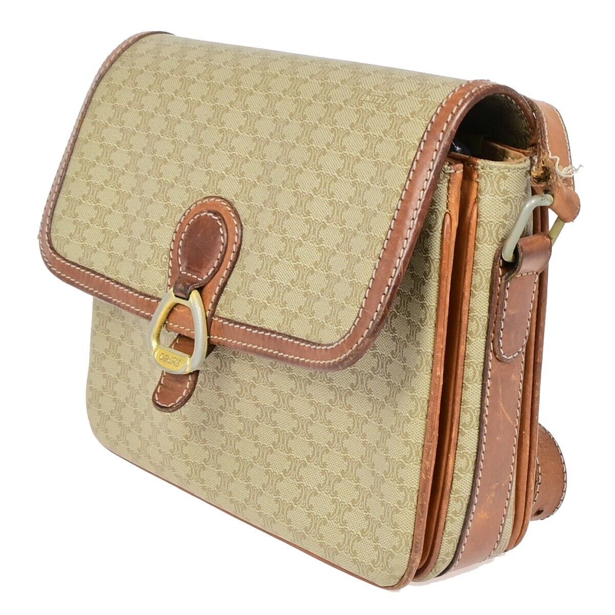 CELINE Logo Macadam Pattern Shoulder Bag PVC Leather Beige Italy 04EB426