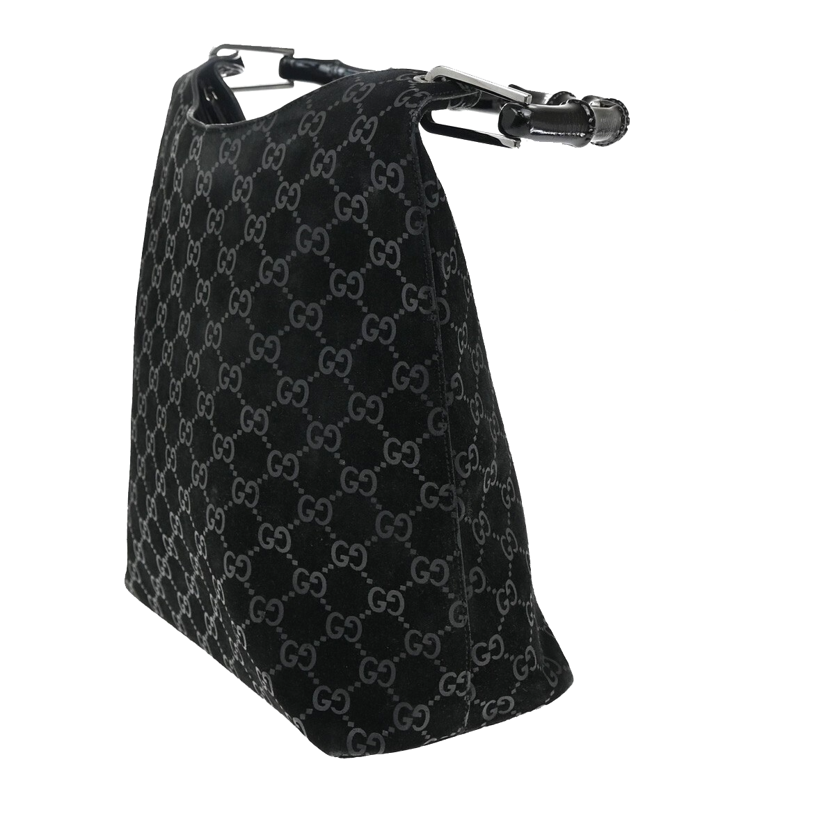 GUCCI Logo Bamboo GG Pattern Shoulder Bag Suede Leather Black Italy 36FB558