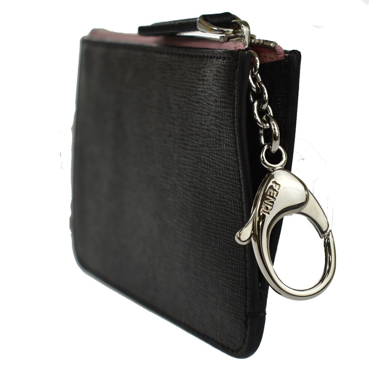 FENDI BAG BUGS Monster Coin Wallet Key Clip Leather Black Pink Silver 66YD090