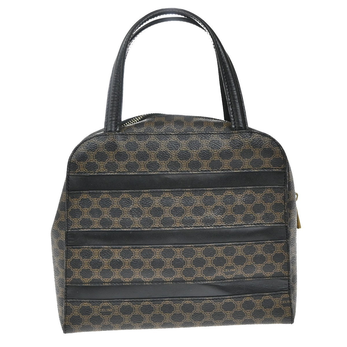 CELINE Logo Macadam Pattern Hand Bag PVC Leather Brown Black GHW 67EG145