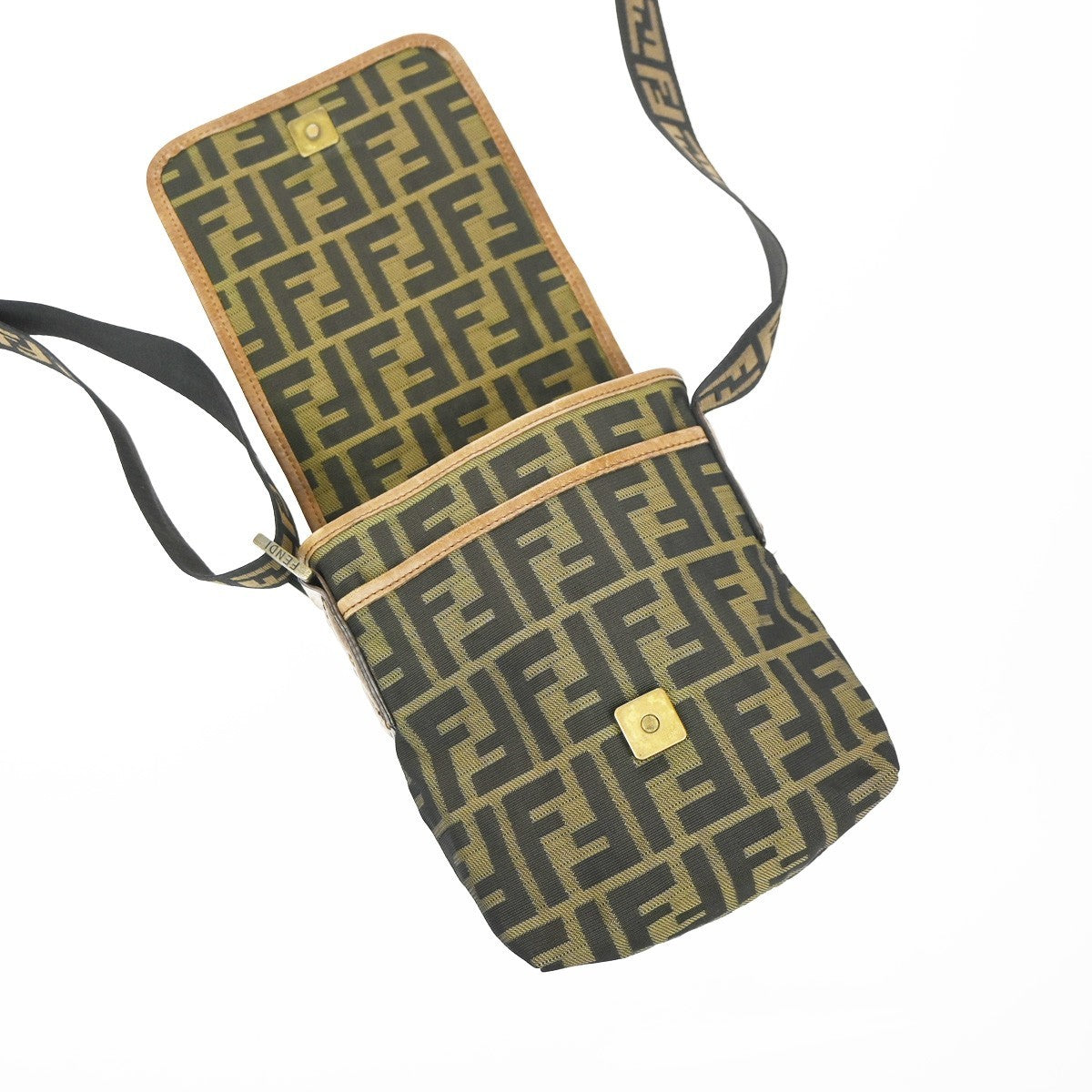 FENDI FF Logo Zucca Pattern Shoulder Bag Canvas Leather Khaki GHW Italy 71MA559