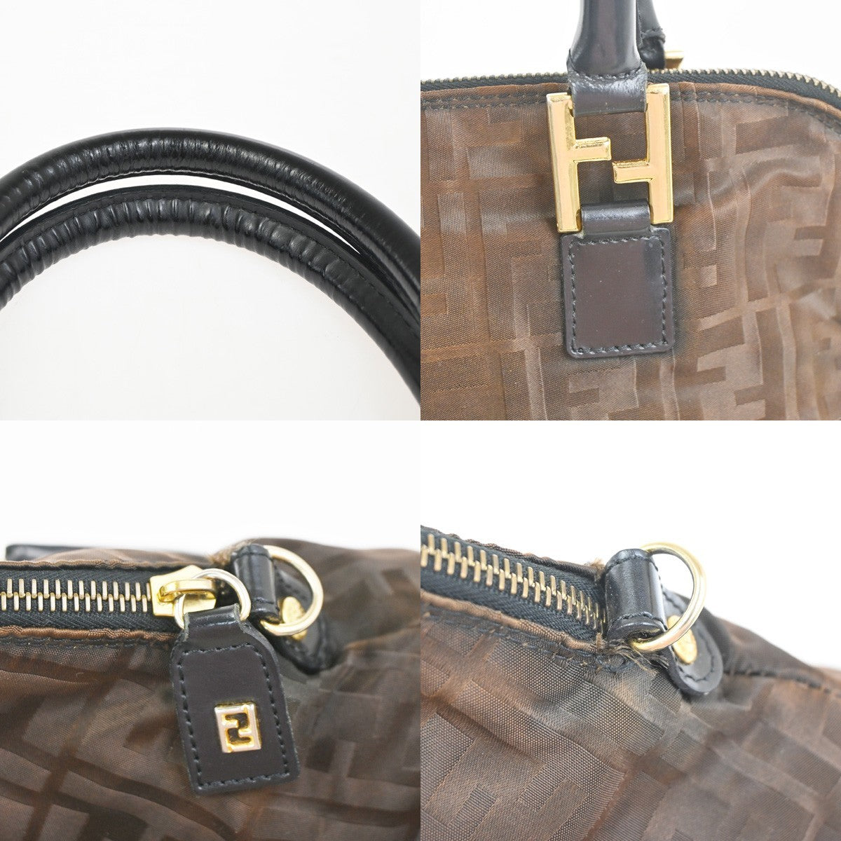 FENDI Zucca Hand Bag Nylon Leather Brown Black GHW Italy 68KC918