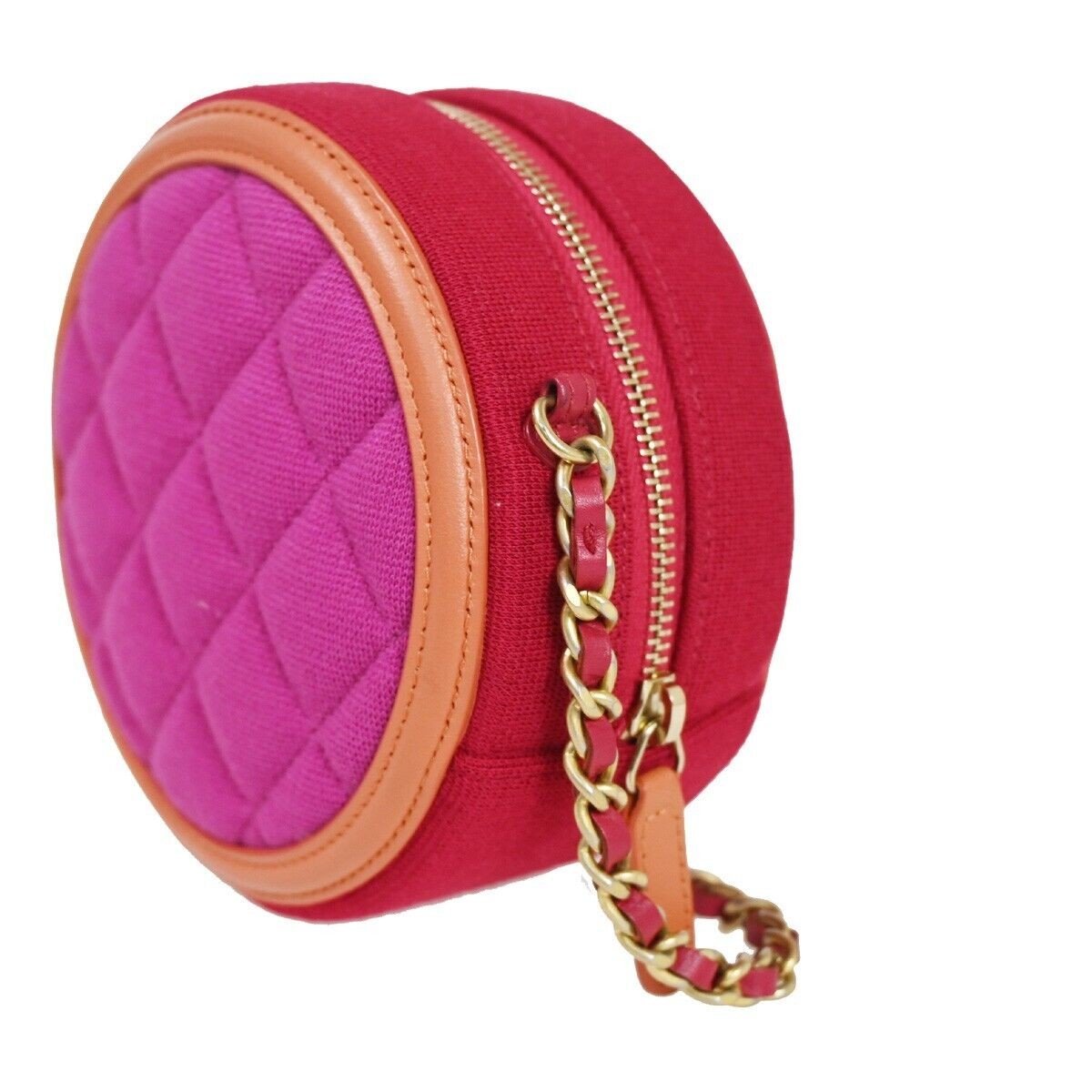 CHANEL CC Round Mini Chain Shoulder Bag Canvas Leather Red Magenta 377RH640