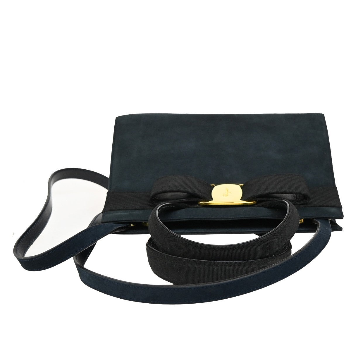 SALVATORE FERRAGAMO Vara 2Way Shouldr Hand Bag Suede Leather Navy Blue 36RF460