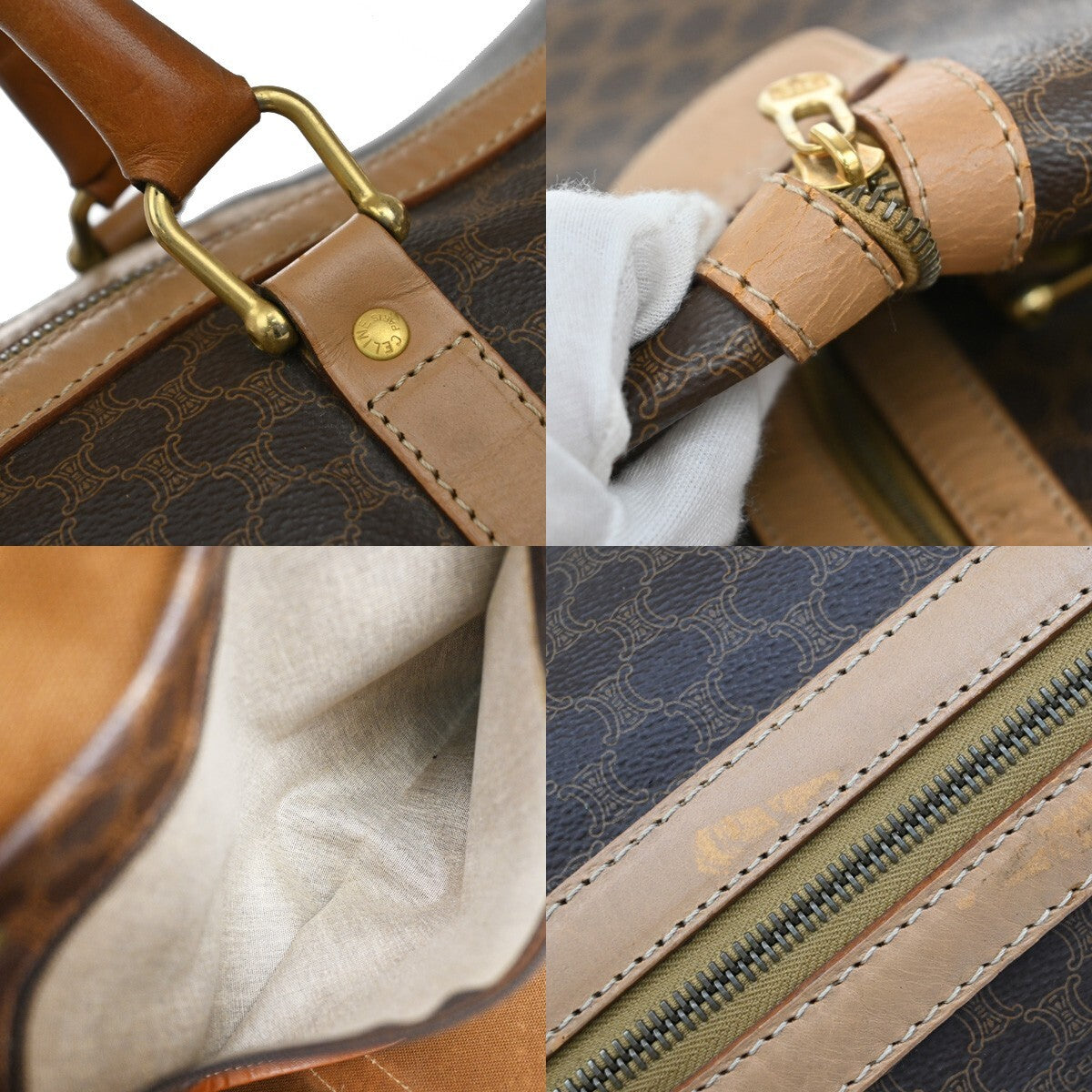 CELINE Logo Macadam Pattern Travel Hand Bag PVC Leather Brown Italy 02EE152