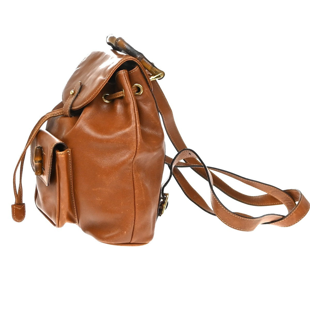 GUCCI Logo Bamboo Drawstring Mini Backpack Bag Leather Brown GHW Italy 64YH955