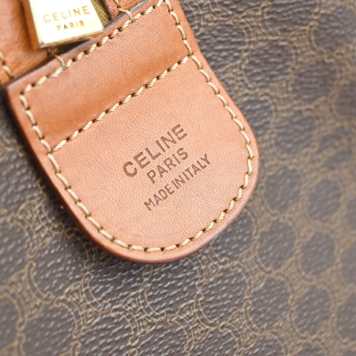 CELINE Macadam Pattern Travel Hand Bag PVC Leather Brown Gold Italy 68FA415