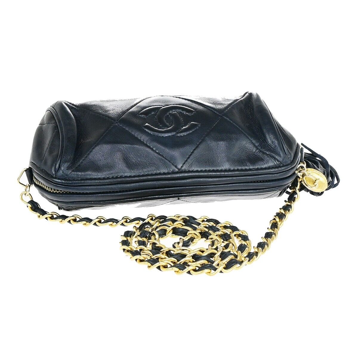 CHANEL Matelasse Tassel Chain Mini Shoulder Bag Leather Navy Vintage 660RK687