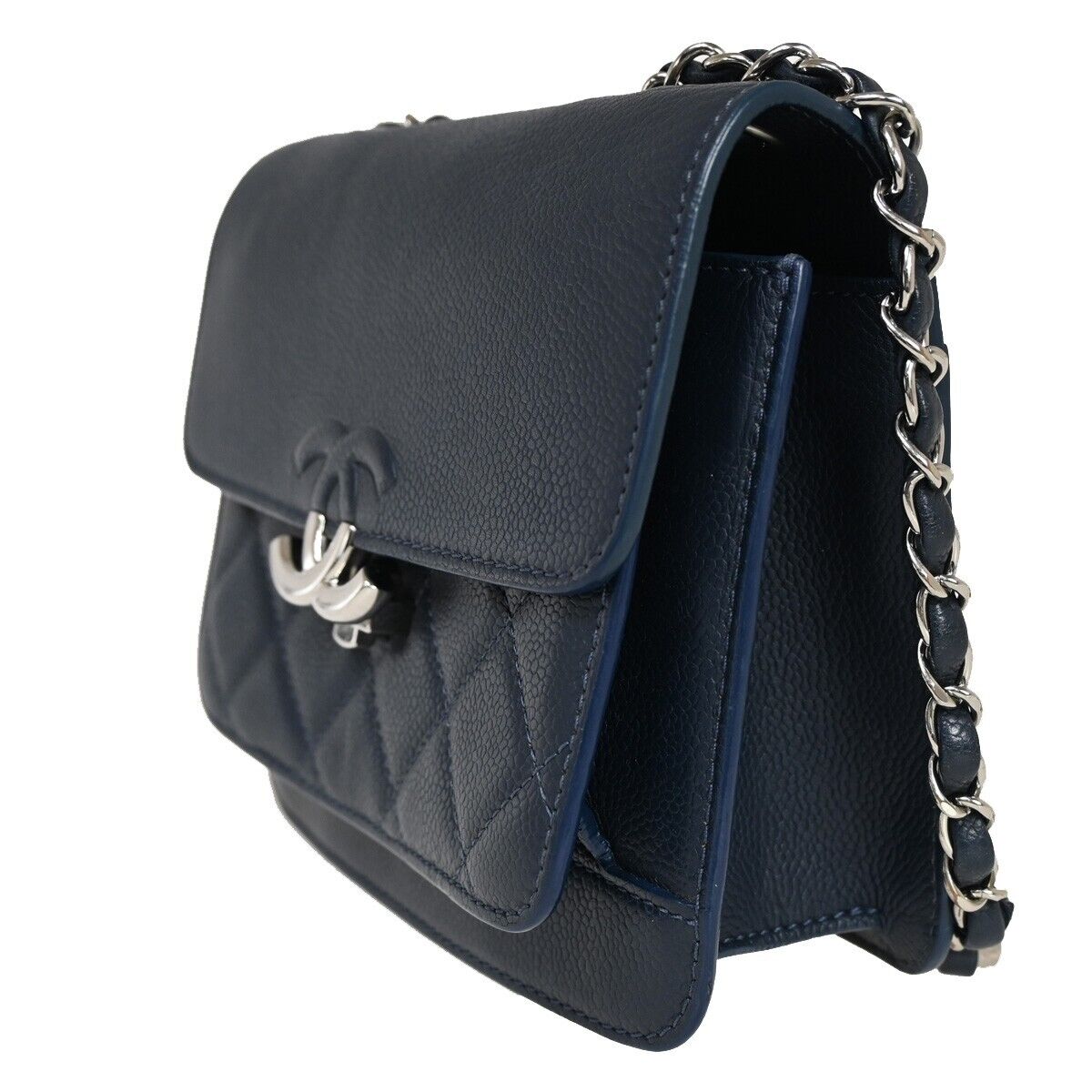 CHANEL CC Logo Matelasse Chain Shoulder Bag Leather Navy Blue silver 805RF077