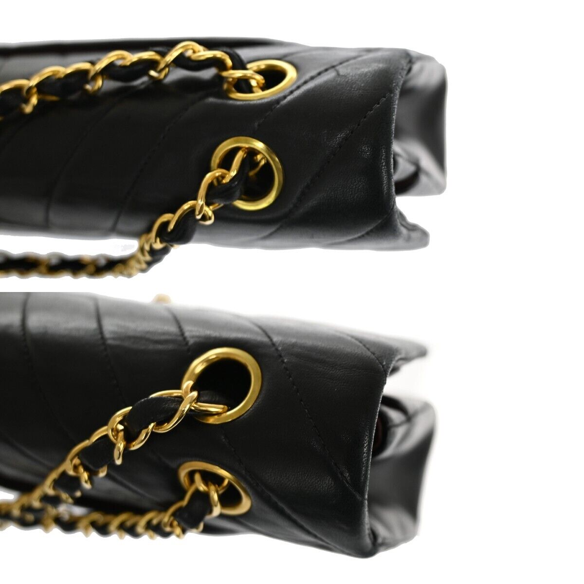 CHANEL CC Chevron Double Flap Chain Shoulder Bag Leather Black GHW VTG 153RJ052