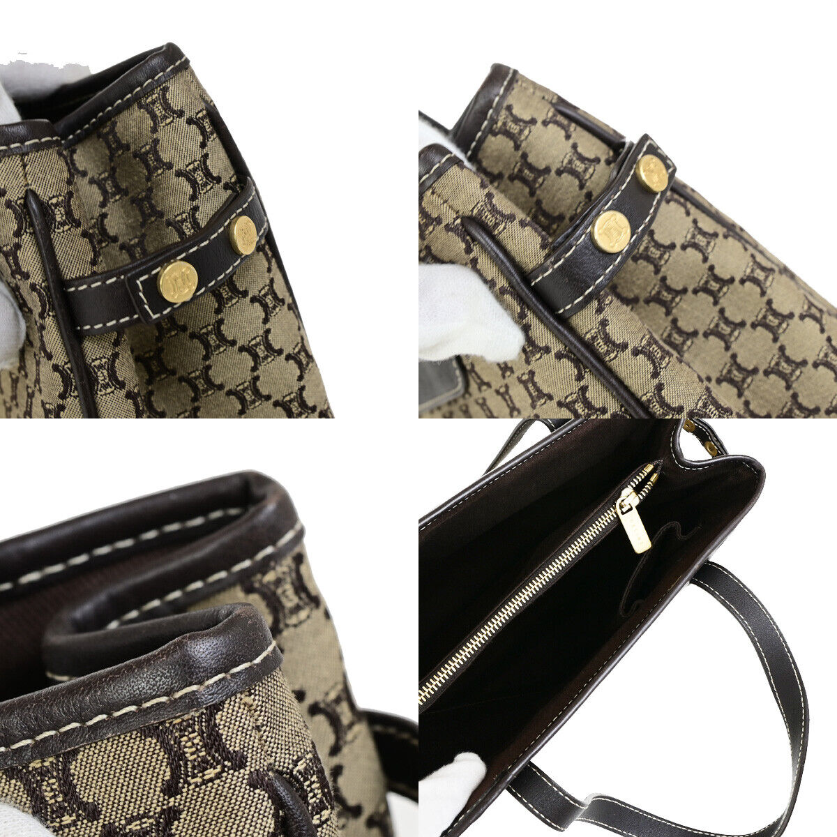 CELINE Logo Macadam Pattern Shoulder Tote Bag Canvas Leather Brown GHW 30SJ476