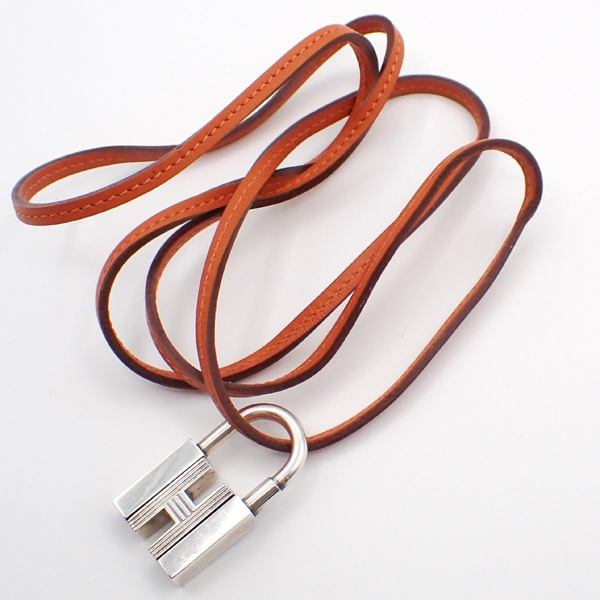 HERMES H Logo Necklace Touareg Pendant Leather Silver Brown Accessory 36RL753