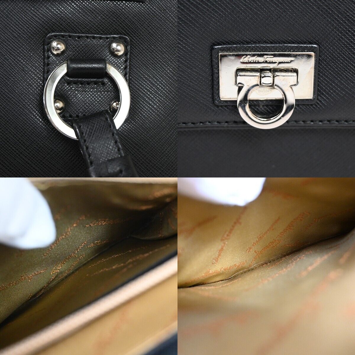 SALVATORE FERRAGAMO Gancini Hand Bag Leather Black Silver Made in Italy 62HB100