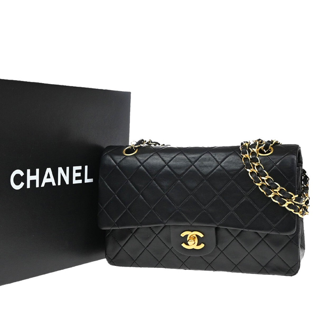 CHANEL CC Matelasse 25 Double Flap Chain Shoulder Bag Lamb Skin Black 892RF267