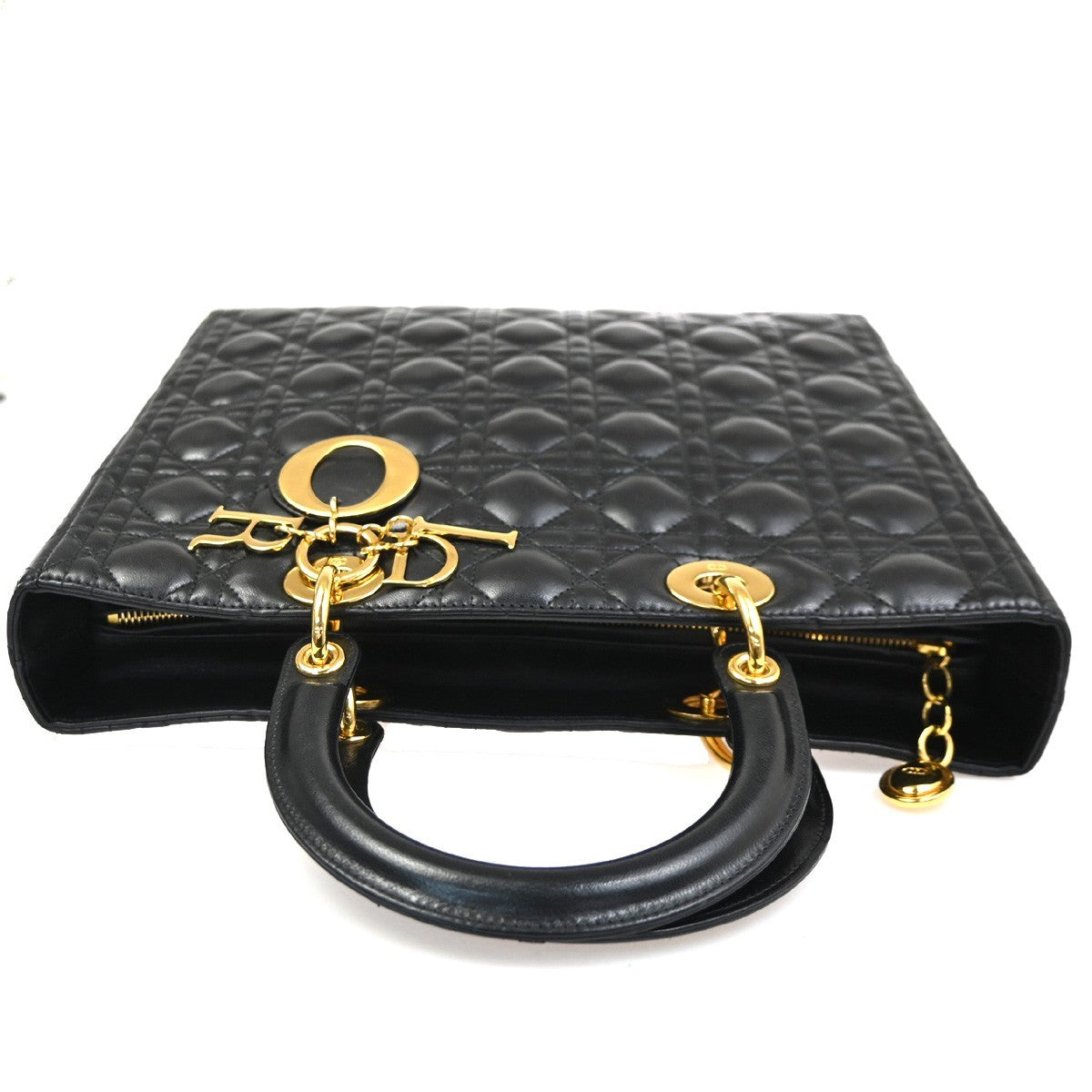 CHRISTIAN DIOR Lady Cannage Hand Tote Bag Leather Black Gold Italy 653RL740