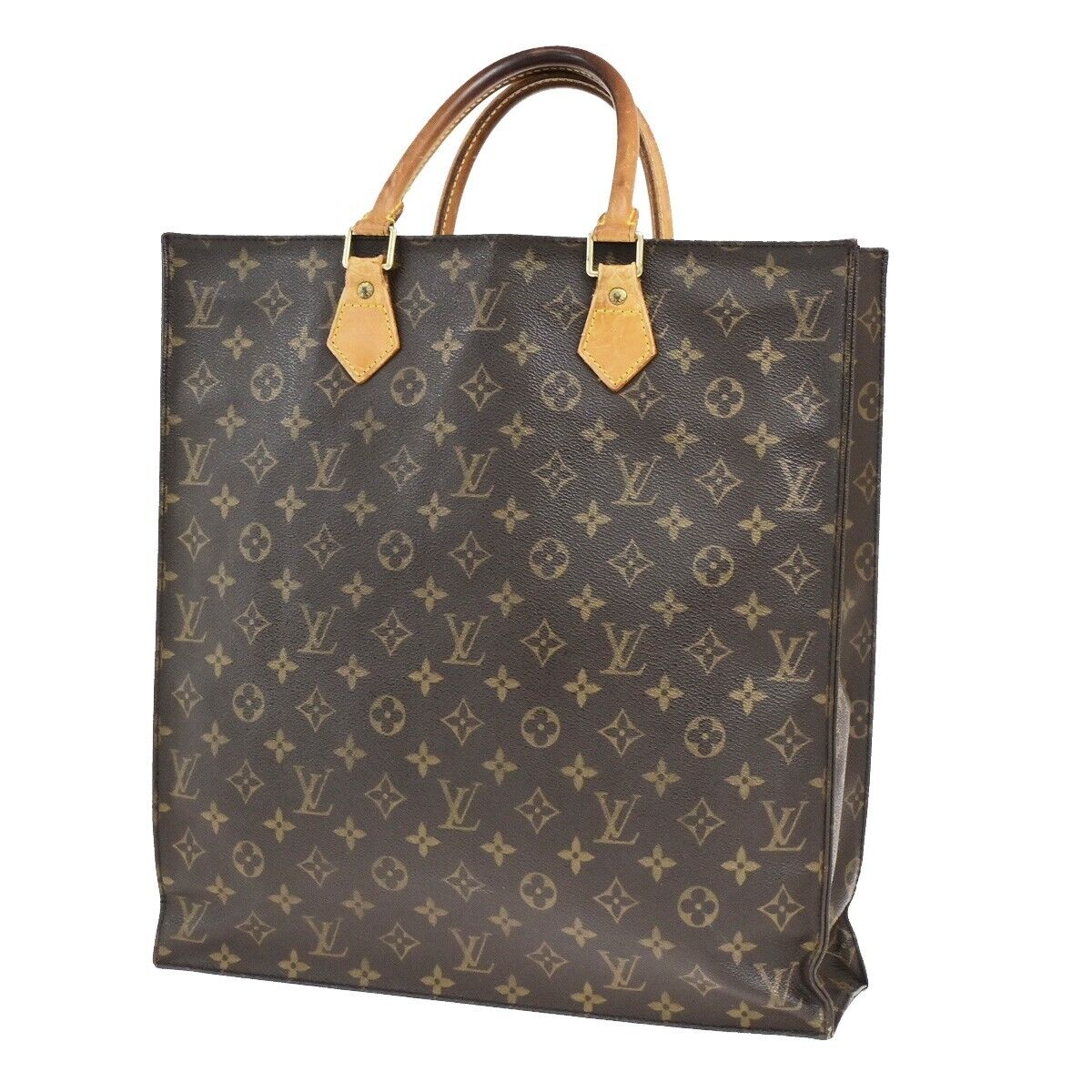LOUIS VUITTON Logo Sac Plat Hand Tote Bag Monogram Leather Brown M51140 65ED899