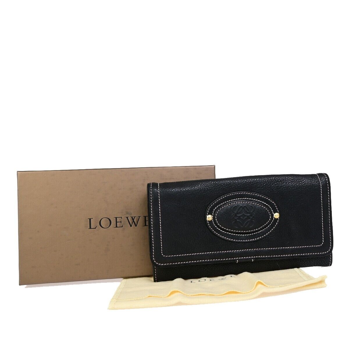 LOEWE Logo Anagram Stitch Bifold Long Wallet Purse Leather Black GHW 67SJ481