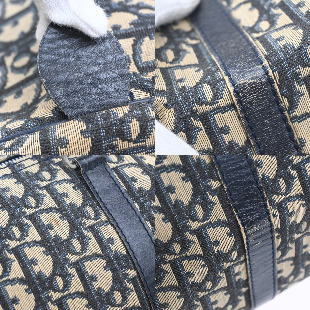 CHRISTIAN DIOR Logo Trotter Boston Hand Bag Canvas Leather Blue France 73MA573
