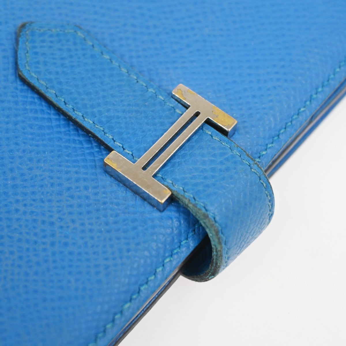 HERMES Logo Bearn Long Bifold Wallet Purse Epson Leather Blue SHW 65RQ023