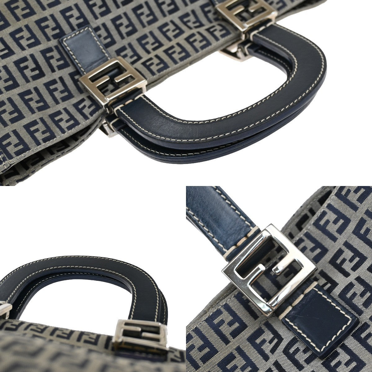 FENDI Logo Zucca Pattern Shoulder Bag Canvas Leather Navy Blue Italy 85EF815