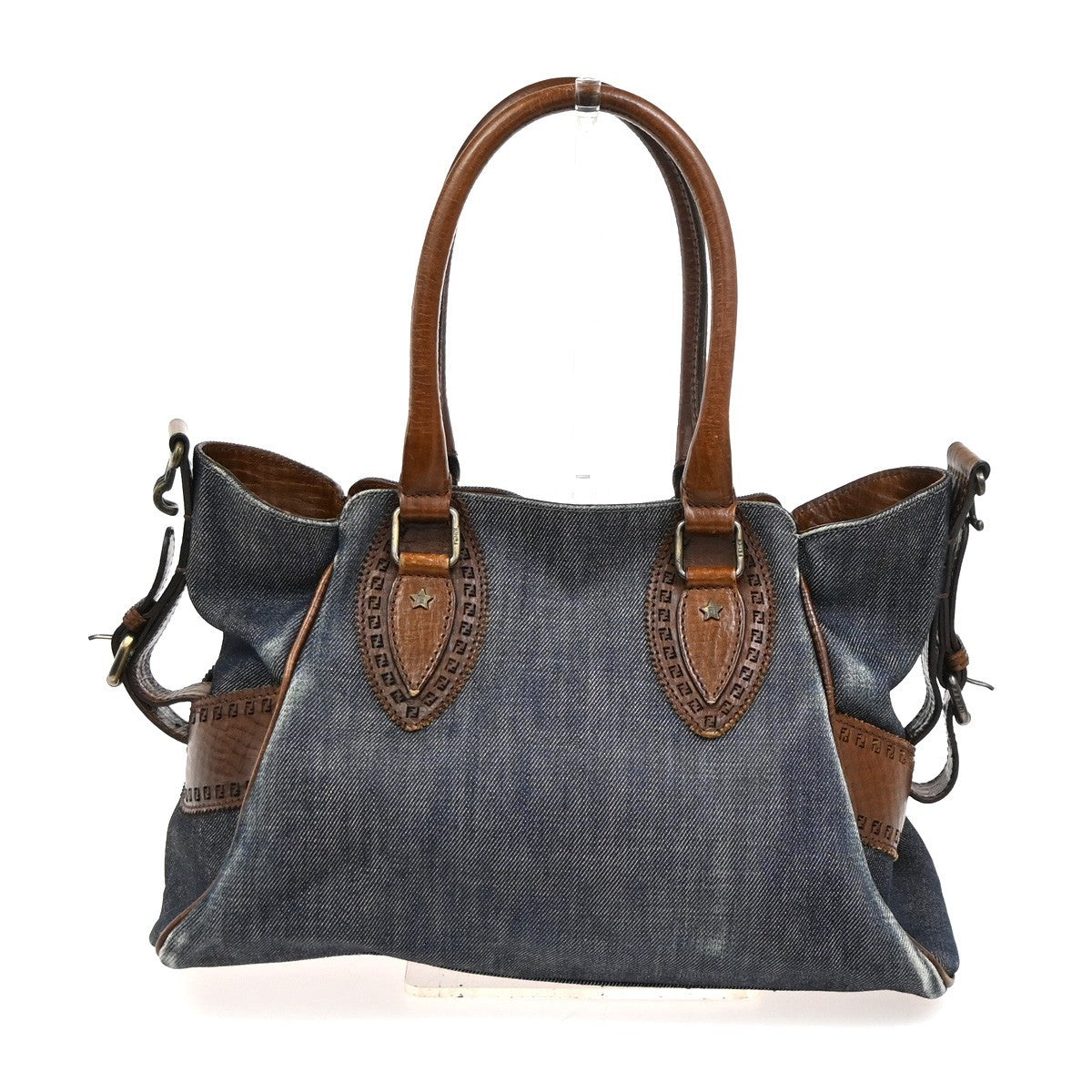 FENDI Logo Etnico Shoulder Hand Bag Denim Leather Blue Brown GHW Italy 87ZA254