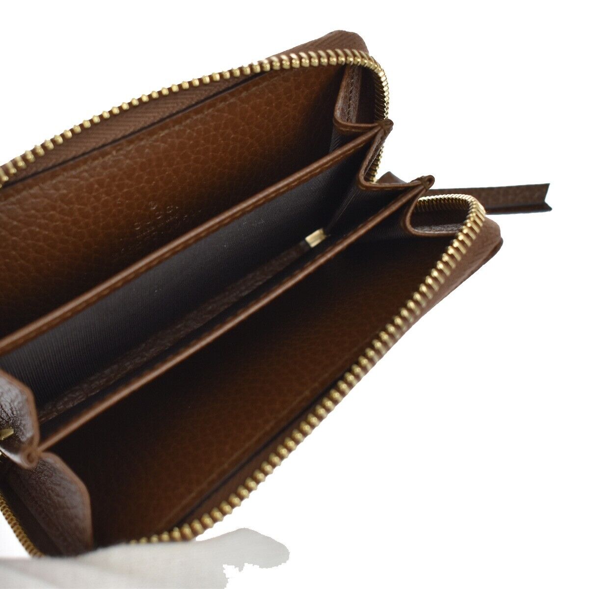 GUCCI Logo Zipper Coin Case Wallet Leather Brown Gold Made In Italy 83YC830