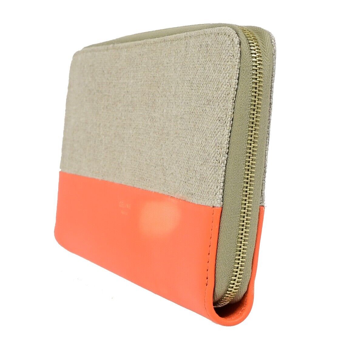 CELINE Logo Bicolor Round Zipper Long Wallet Canvas Leather Beige Orange 09KA373