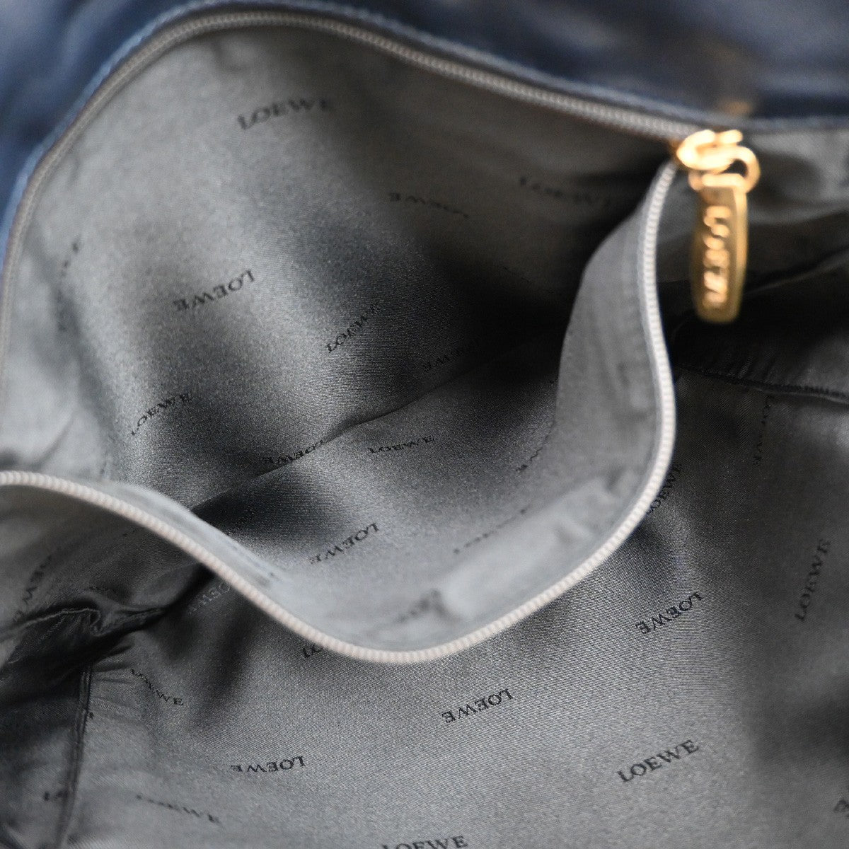 LOEWE Logo Anagram Drawstring Shoulder Bag Leather Blue GHW Spain 34YH784