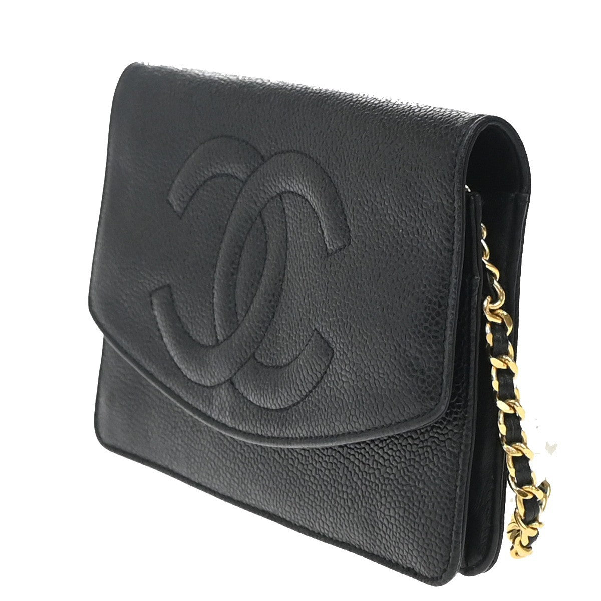 CHANEL Chain Shoulder Bag Wallet Grained Calfskin Leather Black Vintage 691RP061