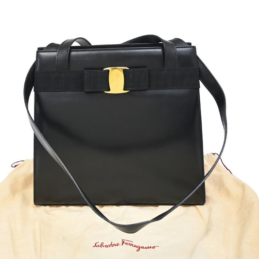 SALVATORE FERRAGAMO Logo Vara Shoulder Bag Canvas Leather Black Italy 65EF878