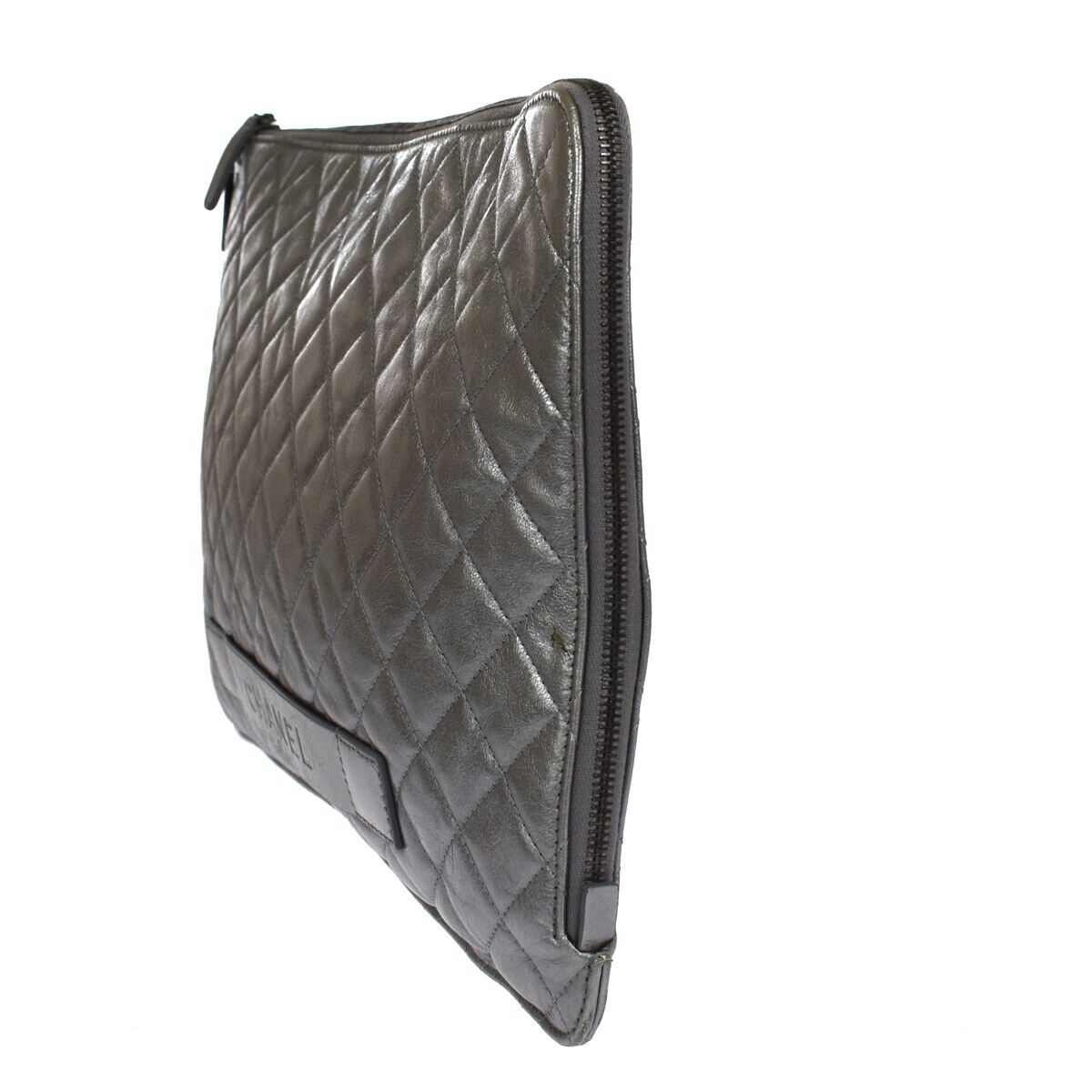 CHANEL Logo Matelasse Clutch Hand Bag Leather Silver Italy 89GA417