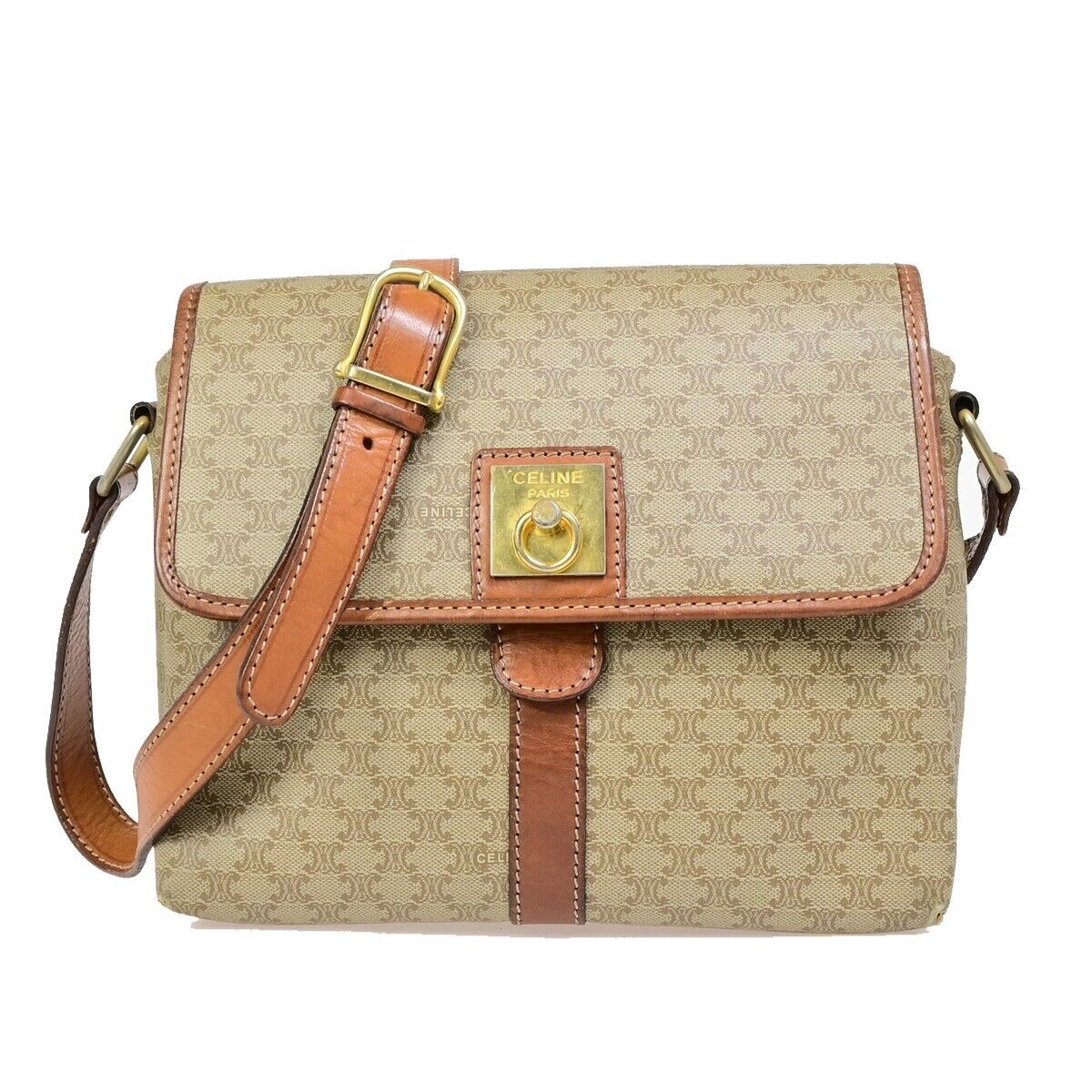 CELINE Logo Macadam Pattern Shoulder Bag PVC Leather Beige Italy 09EB602