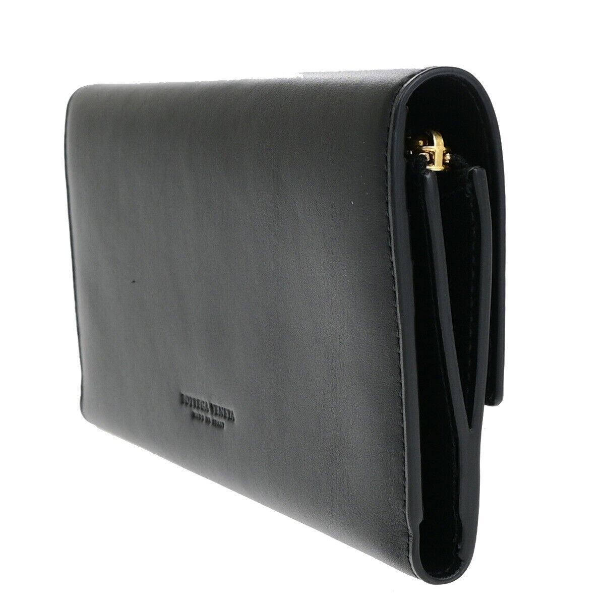 BOTTEGA VENETA Logo Long Trifold Wallet Leather Black Gold Italy 05EC051