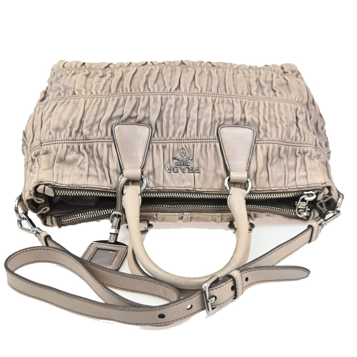 PRADA Logo Gaufre 2Way Shouler Hand Bag Leather Gray SHW Italy 35YJ258