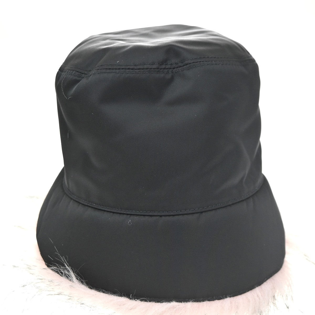 PRADA Plate Logo Bucket Hat Cap #M 58 Re-Nylon Fur Leather Black Pink 80RL689