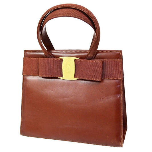 SALVATORE FERRAGAMO Vara Hand Bag Canvas Leather Brown Gold-plated Italy 61HB933