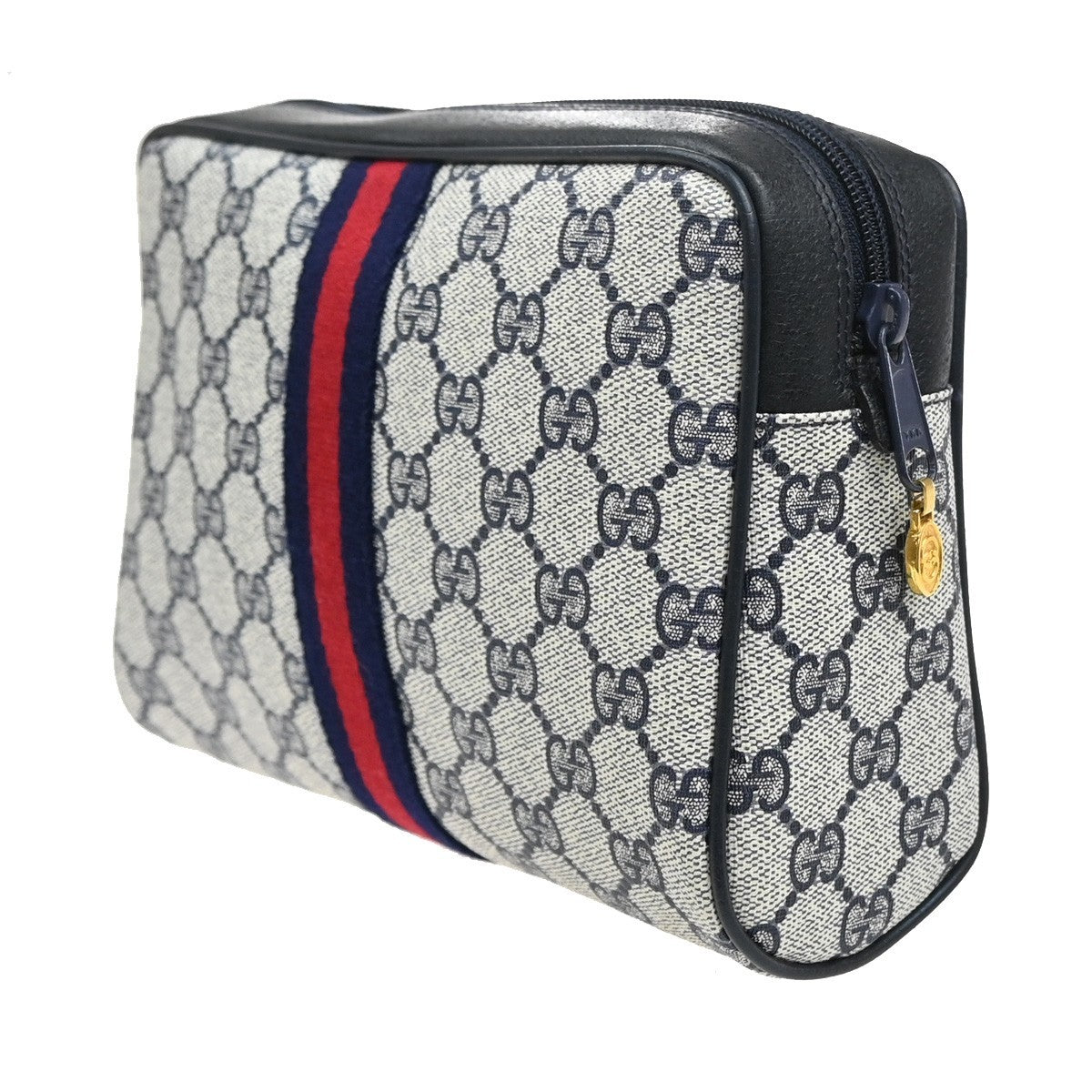 GUCCI Sherry GG Pattern Clutch Hand Bag PVC Leather Navy Blue GHW Italy 68MA570